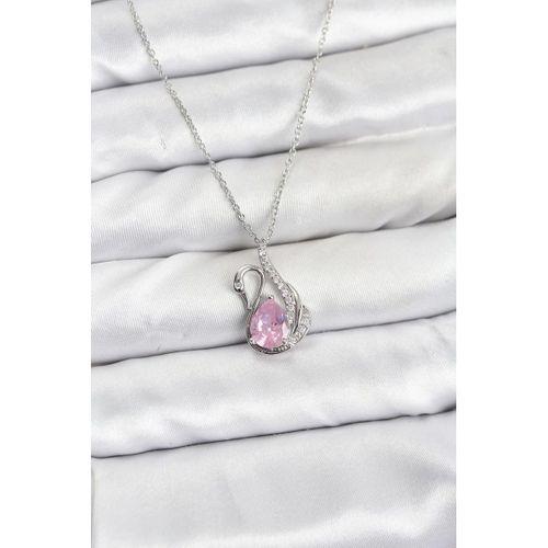 316L Çelik Zincir Gümüş Renk Pembe Kuğu Model Zirkon Taşlı Kadın Kolye