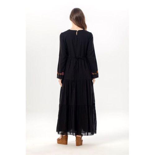 Uzun Kol Zeynep Bisiklet Yaka Nakışlı Uzun Vual Elbise Siyah Syh