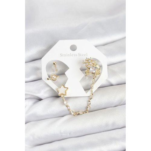 Pirinç Gold Renk Yıldız Model Zincir Bağlantılı Ear Cuff Küpe Seti