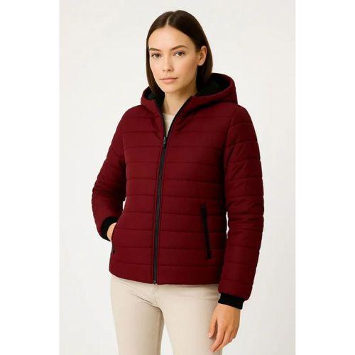 Şişme Kapüşonlu Fermuarlı Mont Su Itici Kapitone Astarlı Kumaş Cepli Kışlık Rahat Kalıp - Bordo