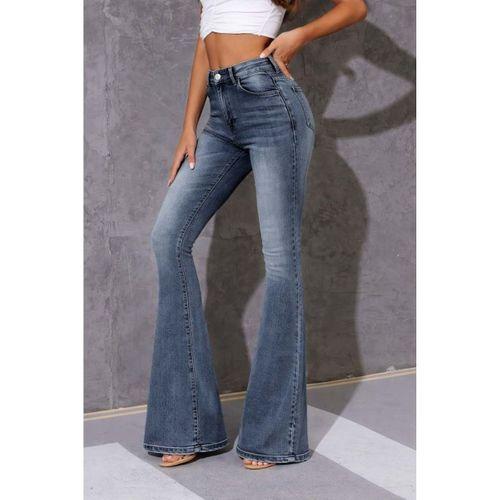 Kadın Yüksek Bel Fermuarlı İspanyol Paçalı Kot Pantolon