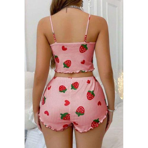 Çilek Desenli Crop Askılı Şort Yazlık Pijama Takımı Ryl - S-49