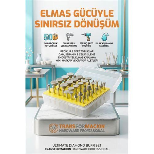 50 Parça Elmas Uçlu Döner Törpü ve Freze Seti - Pedikür Nasır, Topuk, Cam ve Taş İşleme Uçları 723151