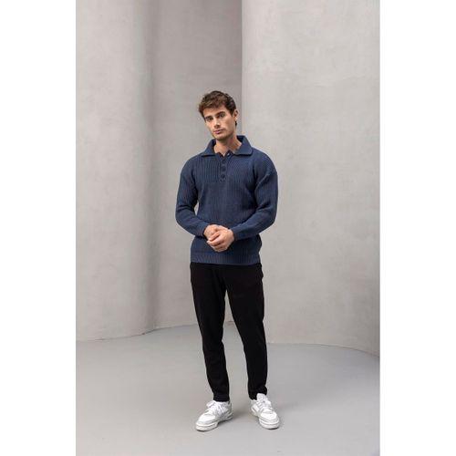 4 Düğmeli Yarım Pat Polo Yaka Kazak İndigo - Bezayağı Kumaş Pantolon Siyah