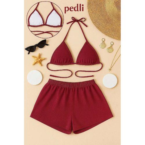 Bordo Şortlu Bağlamalı Bikini Takımı Üçgen Kesim Ayarlanabilir Esnek Kumaş Kadın Mayo Seti