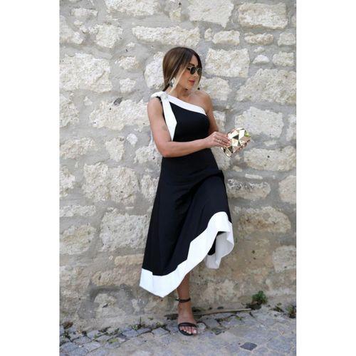 Kadın Tek Omuzu Açık Omuzlardan Kurdela Detaylı çift Renkli Ithal Krep Elbise