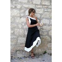 Kadın Tek Omuzu Açık Omuzlardan Kurdela Detaylı çift Renkli Ithal Krep Elbise