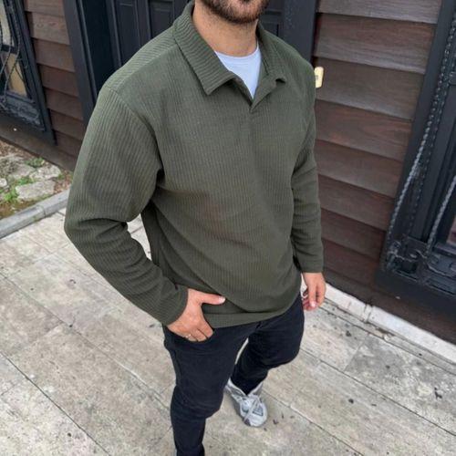 Erkek Fitilli Polar Sweatshirt – Düğmesiz Polo Yaka, Oversize Rahat Kalıp, Kalın Polar Kumaş, Kışlık Ve Baharlık Şık Günlük Üst - Haki