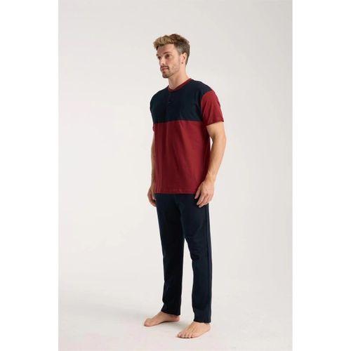 Erkek Bordo Düğmeli Yaka Kısa Kol Pijama Takımı