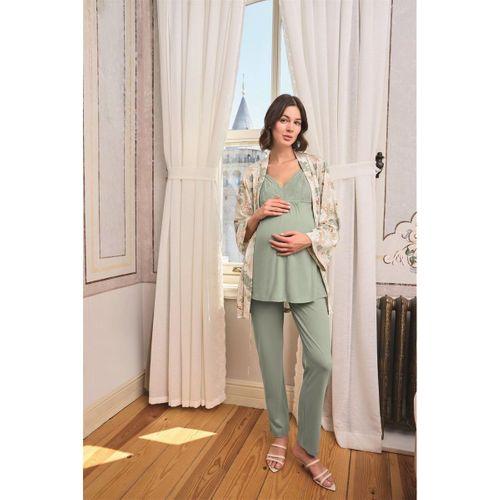 Çiçek Ve Yaprak Desenli Dantelli Hamile Lohusa 3'lü Pijama Takımı