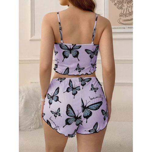 Mor Renk Kelebek Desenli Şortlu Ev Giyim Takımı,kadın Yazlık Askılı Pijama, Rahat Ve Şık Ev Giyim