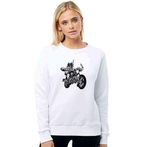 Siyah Motorsiklet Kuru Kafa Baskılı Beyaz Kadın Sweatshirt