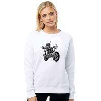 Siyah Motorsiklet Kuru Kafa Baskılı Beyaz Kadın Sweatshirt