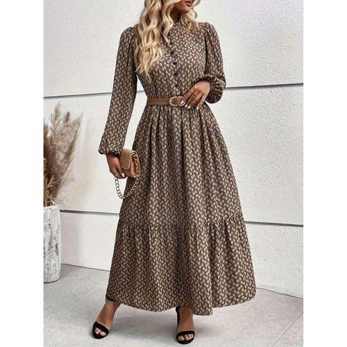 Kadın Uzun Kollu Hakim Yakalı Düğmeli Kemersiz Desenli Maxi Süprem Elbise