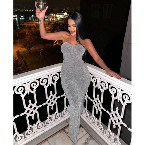 Straplez Simli Uzun Elbise