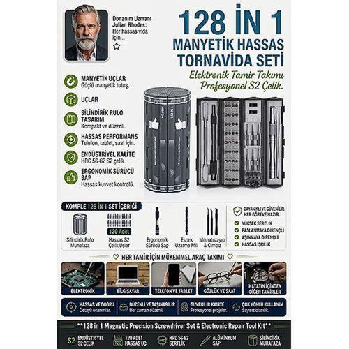 128 in 1 Manyetik Hassas Tornavida Seti Elektronik Tamir Takımı Profesyonel S2 Çelik Silindirik Roll-Up Kutulu 723592