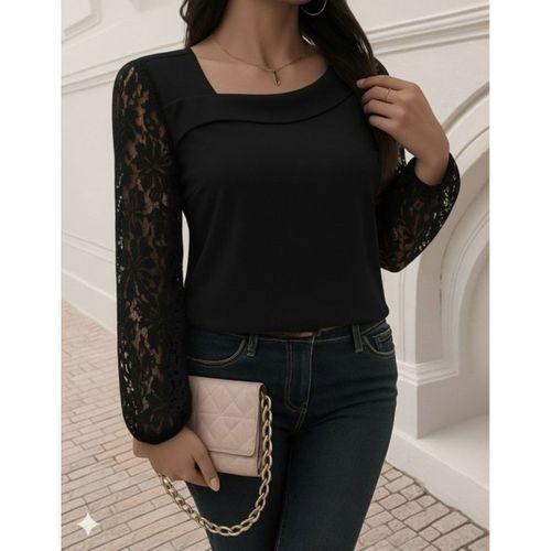 Kadın Uzun Kollu Asimetrik Yakalı Dantelli Ithal Krep Bluz