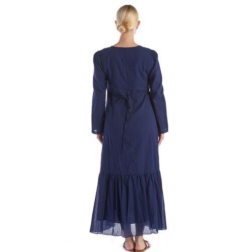 Uzun Kol Lacivert Nakış Detaylı Bağcık Yaka Cepli Vual Uzun Elbise