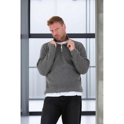 Oversize Selanik Örgü Yarım Fermuar Erkek Triko Kazak - Füme