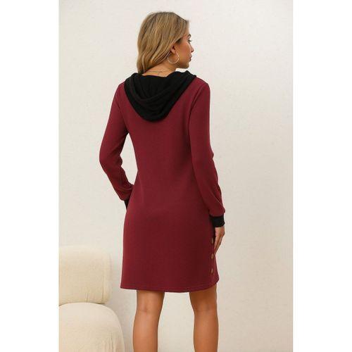 Kadın Uzun Kollu Kapşonlu önden Fermuarlı Düğmeli Mini Iki Iplik Elbise