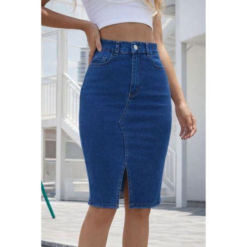 Kadın Yüksek Bel önden Yırtmaçlı Kısa Kot Etek