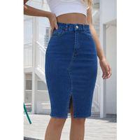 Kadın Yüksek Bel önden Yırtmaçlı Kısa Kot Etek