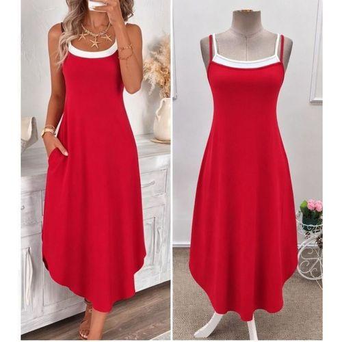 Kadın Ip Askılı Yuvarlak Yakalı Cepli Uzun Viskon Elbise