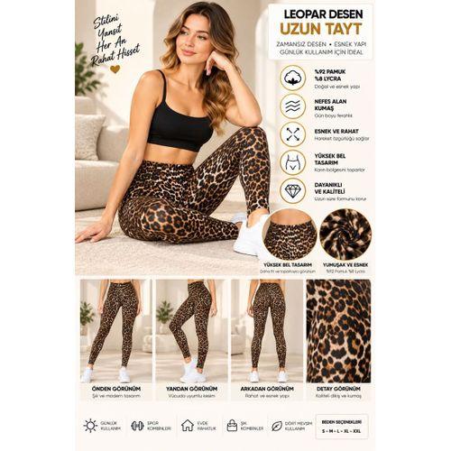 Kadın Leopar Desenli Yüksek Bel Uzun Tayt – %92 Pamuk %8 Lycra, Esnek Kumaş - ryl - 3005