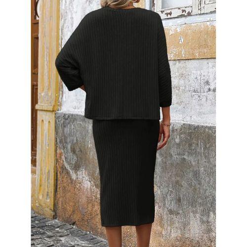 Kadın Uzun Kollu Yakası Açık Yarasa Kollu şardonlu Kaşkorse Bluz Ve Etek Takım