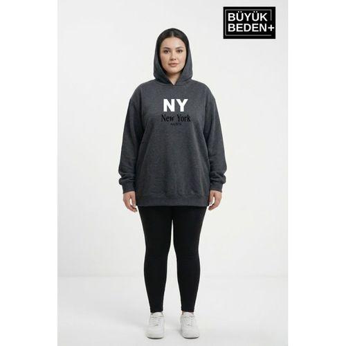 Kadın Büyük Beden Kapşonlu NY NewYork Baskılı ince Swatshırt SPR26BSWK957-15
