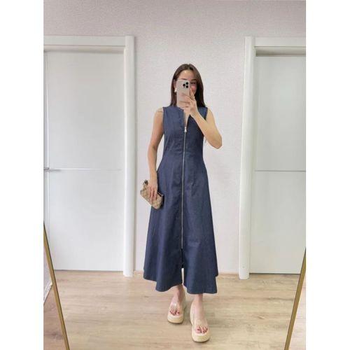Jeans Kot Önü Tam Fermuarlı Uzun Elbise - Mavi
