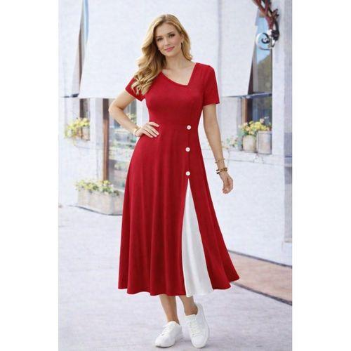 Kadın Kısa Kollu Asimetrik Yakalı Düğme Detaylı Midi Viskon Elbise