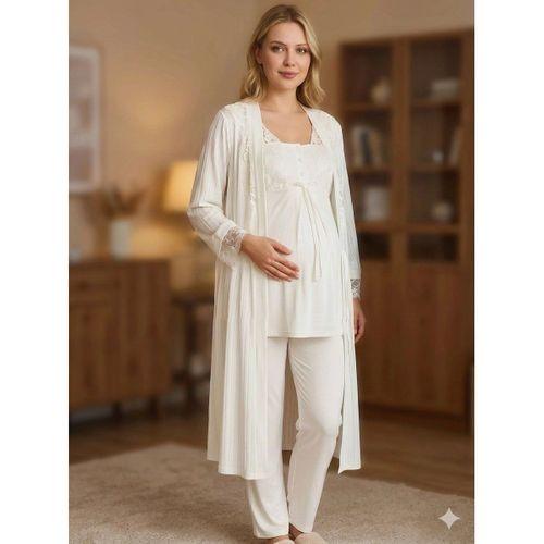 Kadın Pijama Takımı - 3'lü Jakarlı Sabahlıklı Lohusa