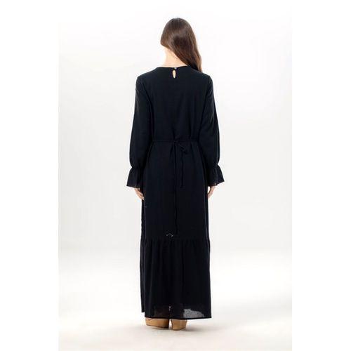 Uzun Kol Aysu Nakışlı Bisiklet Yaka Şile Bezi Yazlık Uzun Elbise Siyah Syh