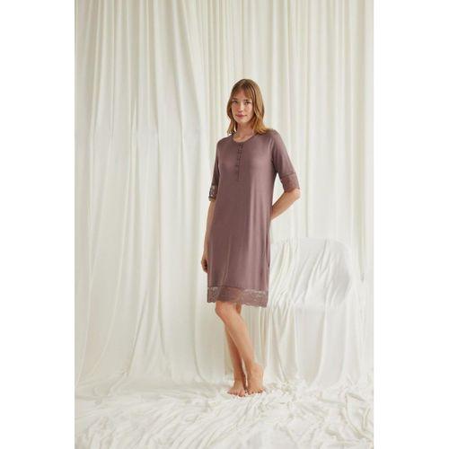 Dantel Detaylı Kısa Kollu Ve Önü Düğmeli Gecelik