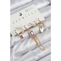 Pirinç Zirkon Taşlı Sallantılı Ve İncili Gold Renk 6'lı Küpe Set