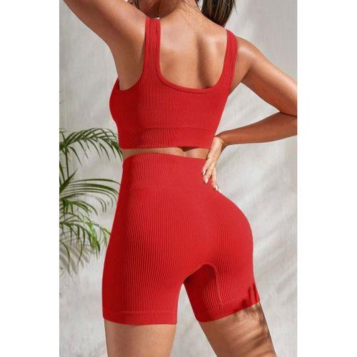Kadın Kırmızı Kaşkorse Şortlu Crop Atlet Takım Esnek Kumaş Yüksek Bel