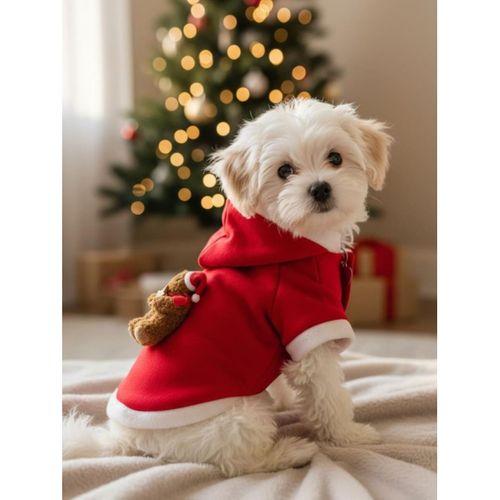Uncle Teddy Kırmızı Xmas Köpek Kıyafeti | Kapüşonlu Polar Noel Sweatshirt | Küçük Irklar İçin