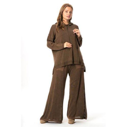 File Detaylı Bol Paça Beli Lastikli Uzun Sonbahar ve Kışlık Cepli Triko Pantolon Kahve Khv