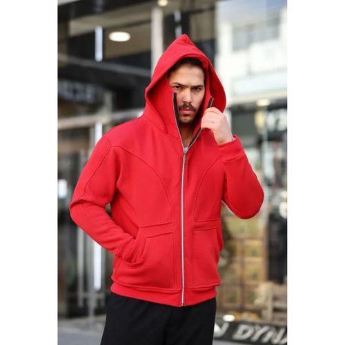 Erkek Maskeli Ninja Model Çift Kapüşonlu 3 İplik Şardonlu Fermuarlı Sweatshirt - Kırmızı