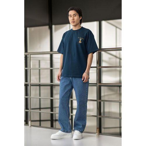 Cep Baskılı İki İplik Kumaş Pamuklu Oversize Erkek T-Shirt - Prusya Mavisi