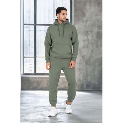Şardonlu Kanguru Cepli Sweatshirt - 3 İplik Şardonlu Lastik Paça Erkek Eşofman Altı- Eşofman Takımı - Avcı Yeşili