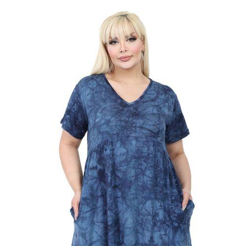 Melsay Butik Göğüsten Robalı V Yaka Kısa Kollu Lacivert Batik Yıkama Cepli Elbise