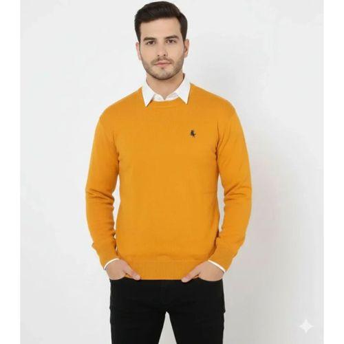 Erkek Bisiklet Yaka Nakış Işlemeli Triko Kazak Yumuşak Dokulu Pamuklu Ince Dokuma, Uzun Kollu Rahat Regular Kalıp - Turuncu