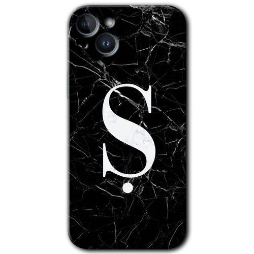 Potkal Hediye Fabrikası iPhone 14 Plus HD Baskılı Kılıf + 9D Tam Ekran Koruyucu - Siyah Mermer Desenli Ş Harfi