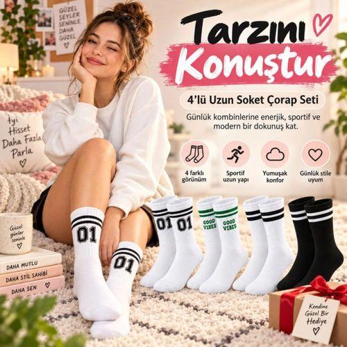 Unisex Çorap Çizgili 4'lü Set 07 Good Vibes Yazılı Siyah Beyaz Uzun Soket Spor Kolej Stil Rahat Şık