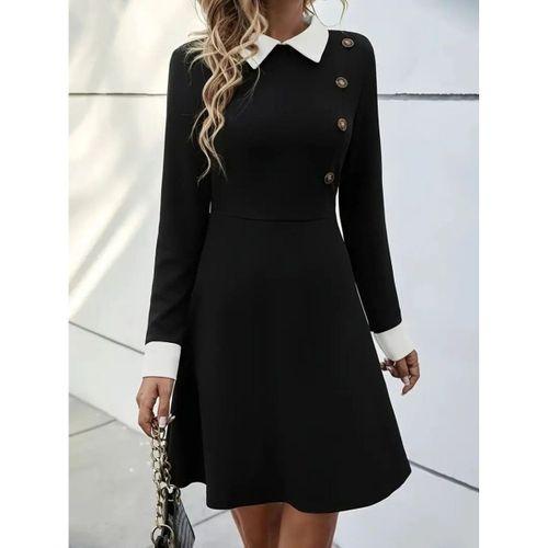 Kadın Uzun Kollu Yakalı Düğmeli Kısa Modal Mini Elbise