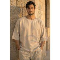 Castiel Bisiklet Yaka Fakir Kol Oversize Kısa Kol T-shirt - Bej