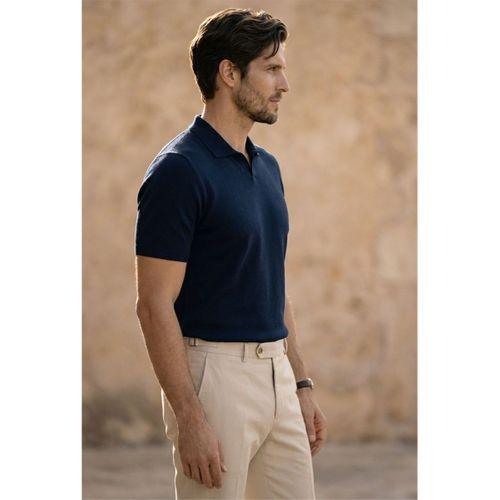 Dawson Polo V Yaka Düğmesiz Kısa Kollu İnce Triko Erkek T-Shirt - Lacivert