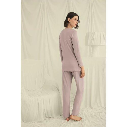 Uzun Kollu Düğmeli V Yaka Pijama Takımı
